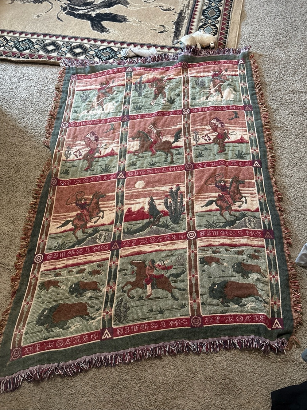 Southwestern Cowboy Woven Throw Blanket - Red & Green